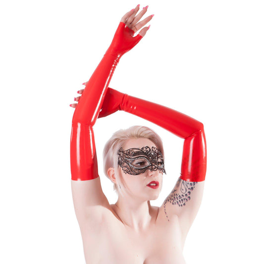 Rubberfashion sehr lange Latex Handschuhe - fingerlose Latexhandschuhe bis zum Oberarm für Damen und Herren