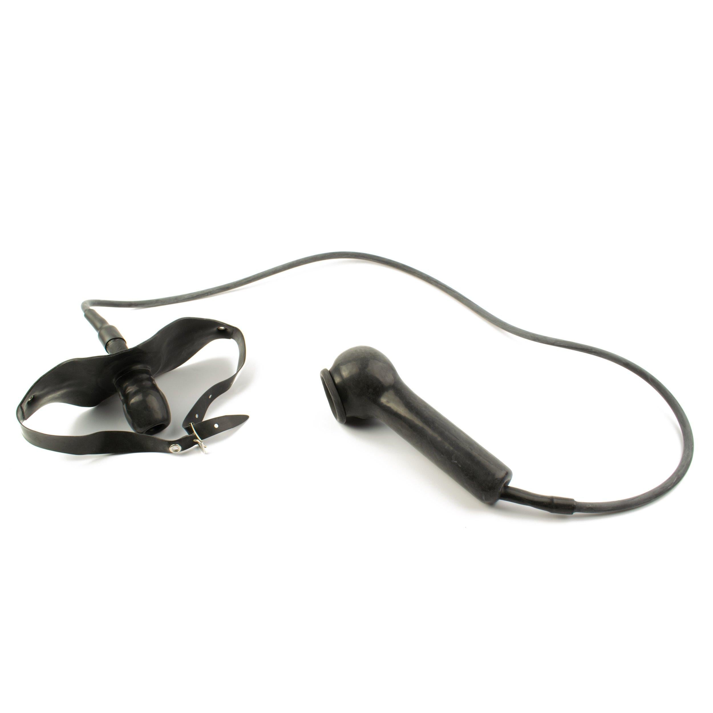 Rubberfashion Latex Mund Knebel mit Schlauch, Kopfband und Penishülle, Latexknebel Mundknebel sm Gag für Herren