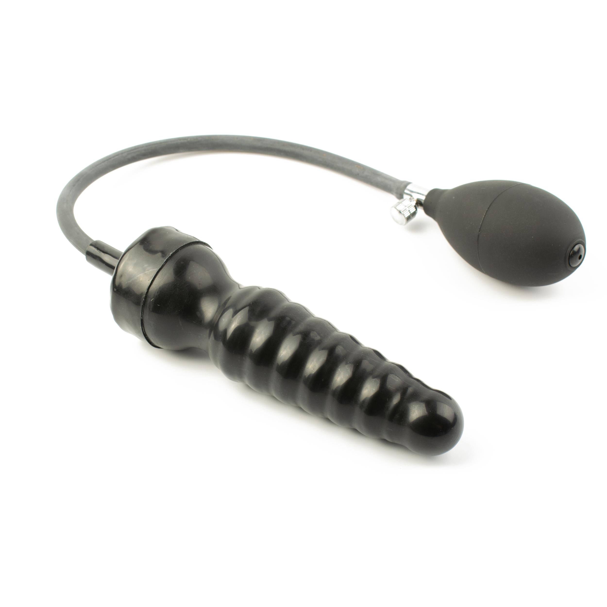 Rubberfashion Latex Analplug aufblasbar, aufblasbarer Mini gerippter Anal Butt Plug mit Pumpe für Frauen und Männer 15 x 4 cm