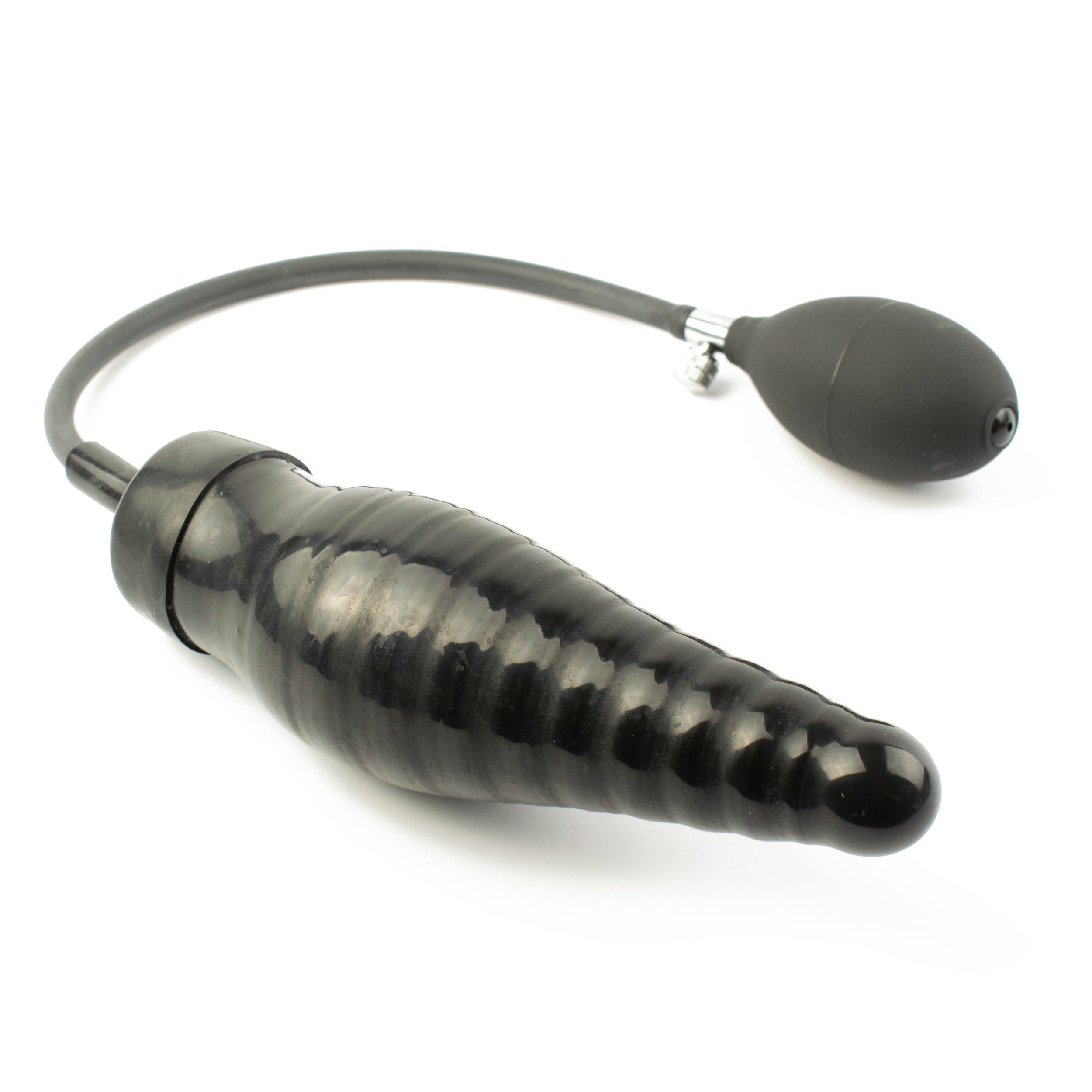 Rubberfashion Latex Analdildo aufblasbar, aufblasbarer Midi gerippter Anal Butt Dildo mit Pumpe für Frauen und Männer 14,8 x 4,1cm
