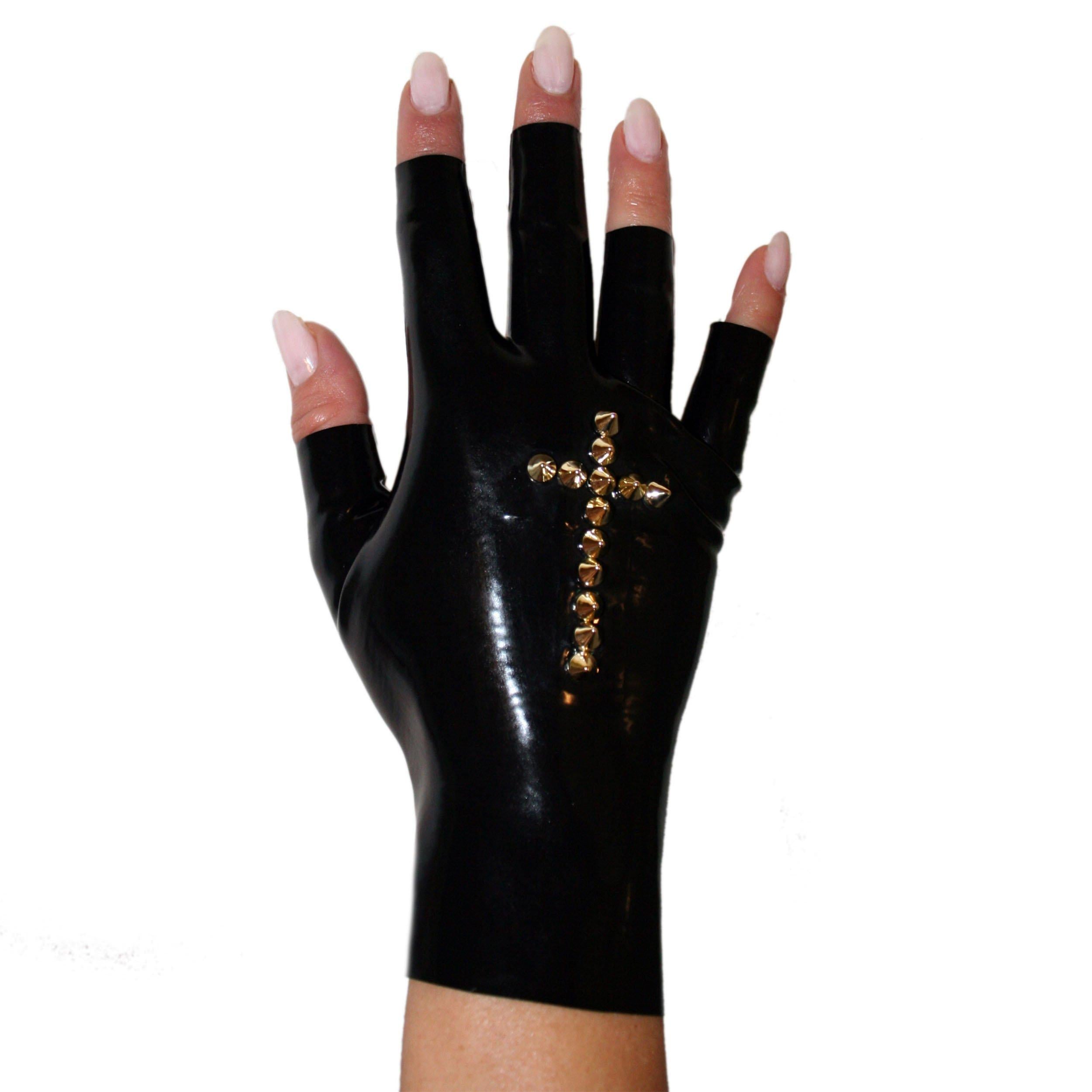 Rubberfashion Latex Handschuhe kurz - sexy Rubber Gloves Kreuz - kurze fingerlose Handschuhe bis Handgelenk für Damen und Herren