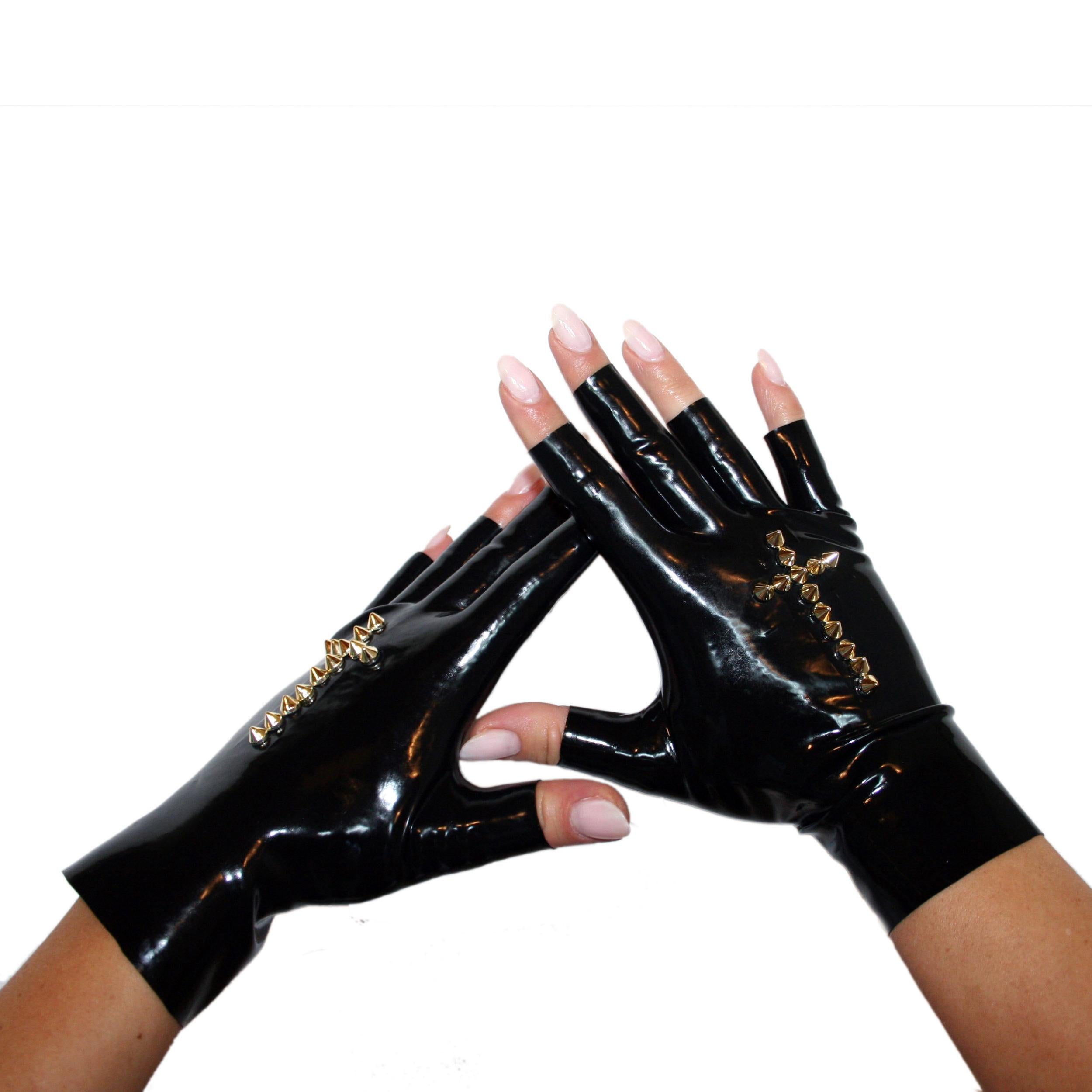 Rubberfashion Latex Handschuhe kurz - sexy Rubber Gloves Kreuz - kurze fingerlose Handschuhe bis Handgelenk für Damen und Herren