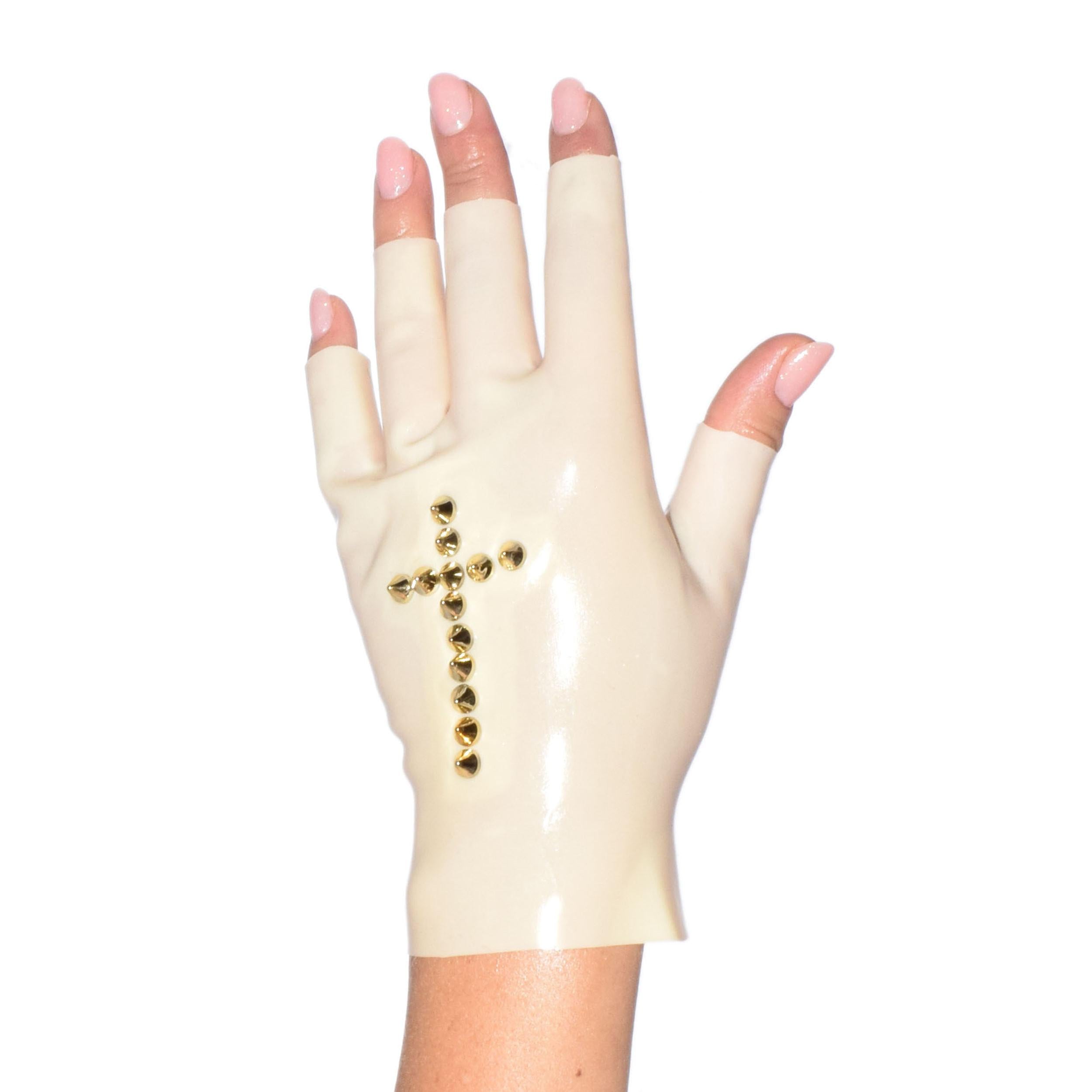Rubberfashion Latex Handschuhe kurz - sexy Rubber Gloves Kreuz - kurze fingerlose Handschuhe bis Handgelenk für Damen und Herren