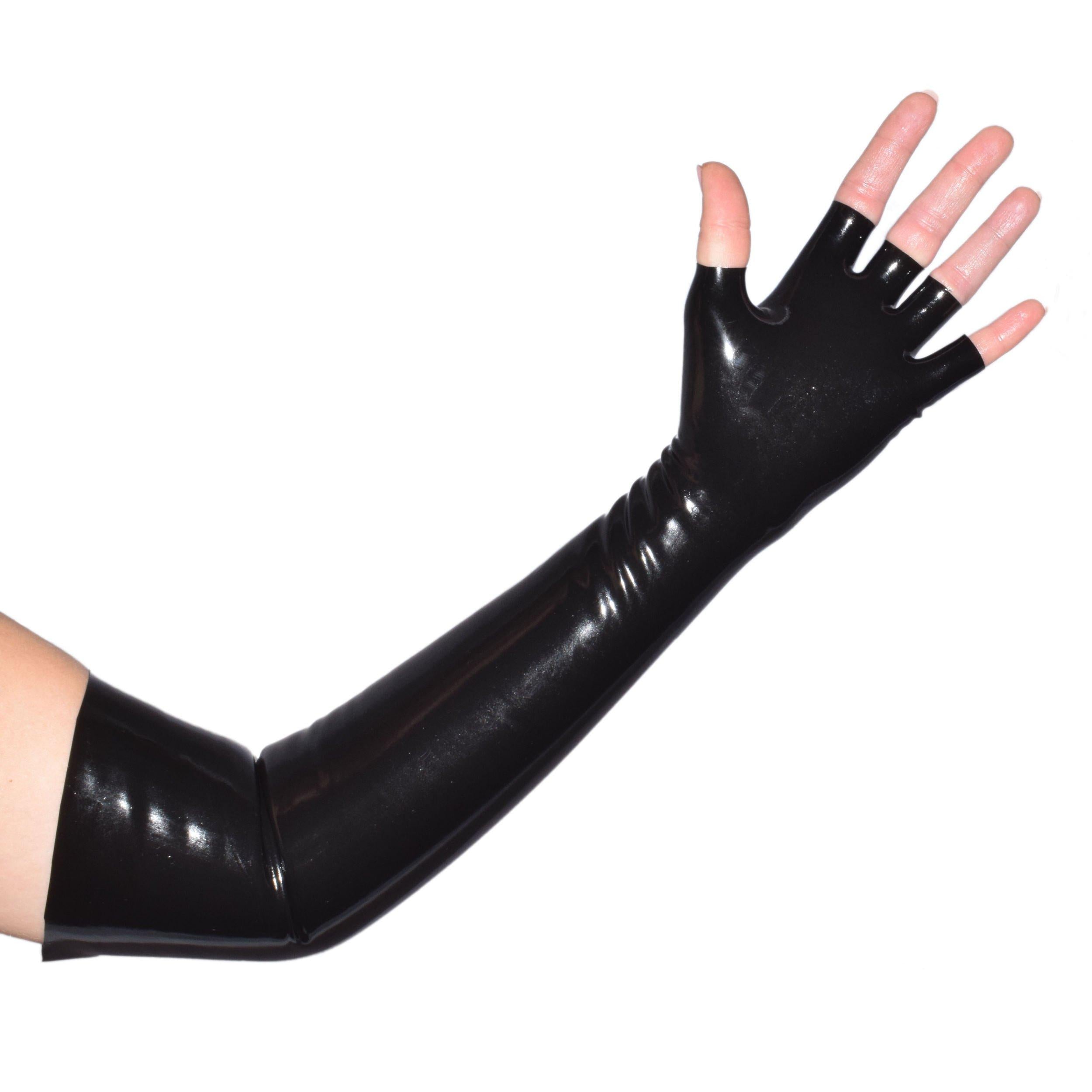 Rubberfashion lange Latex Handschuhe - offene Finger - Latexhandschuhe lang bis zum Oberarm für Damen und Herren Paar