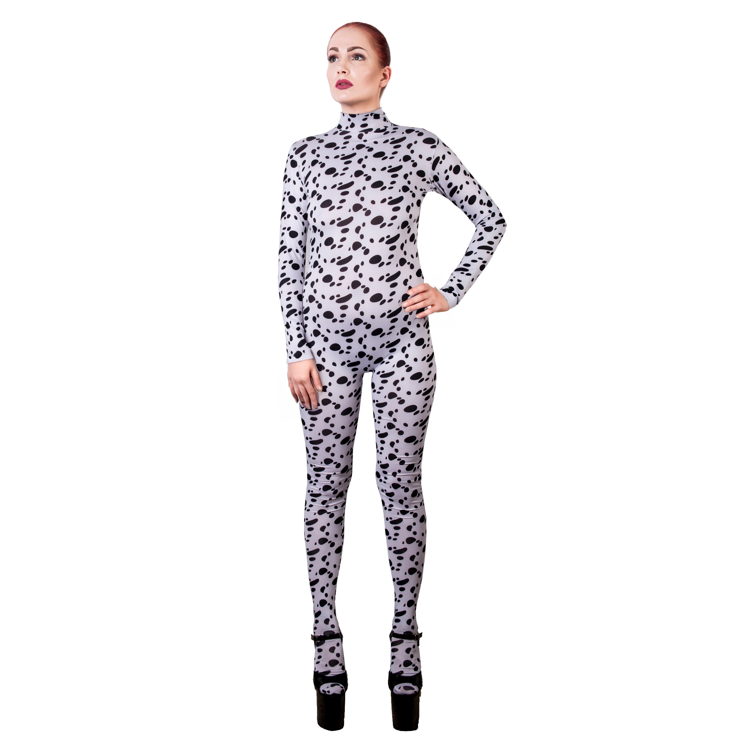Rubberfashion Dalmatian Catsuit - Sexy Animal Dog Print Jumpsuit with Glove for Women and Men