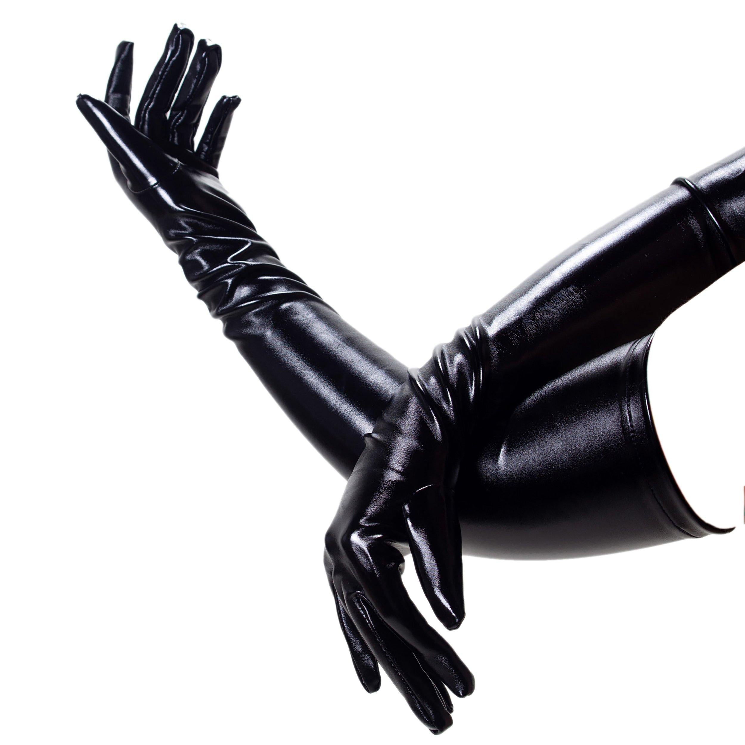 Rubberfashion Lange Lack Handschuhe lang glänzend - lange sexy Abendhandschuhe für Domina und Catwoman Outfit / Kostüm oberarmlang