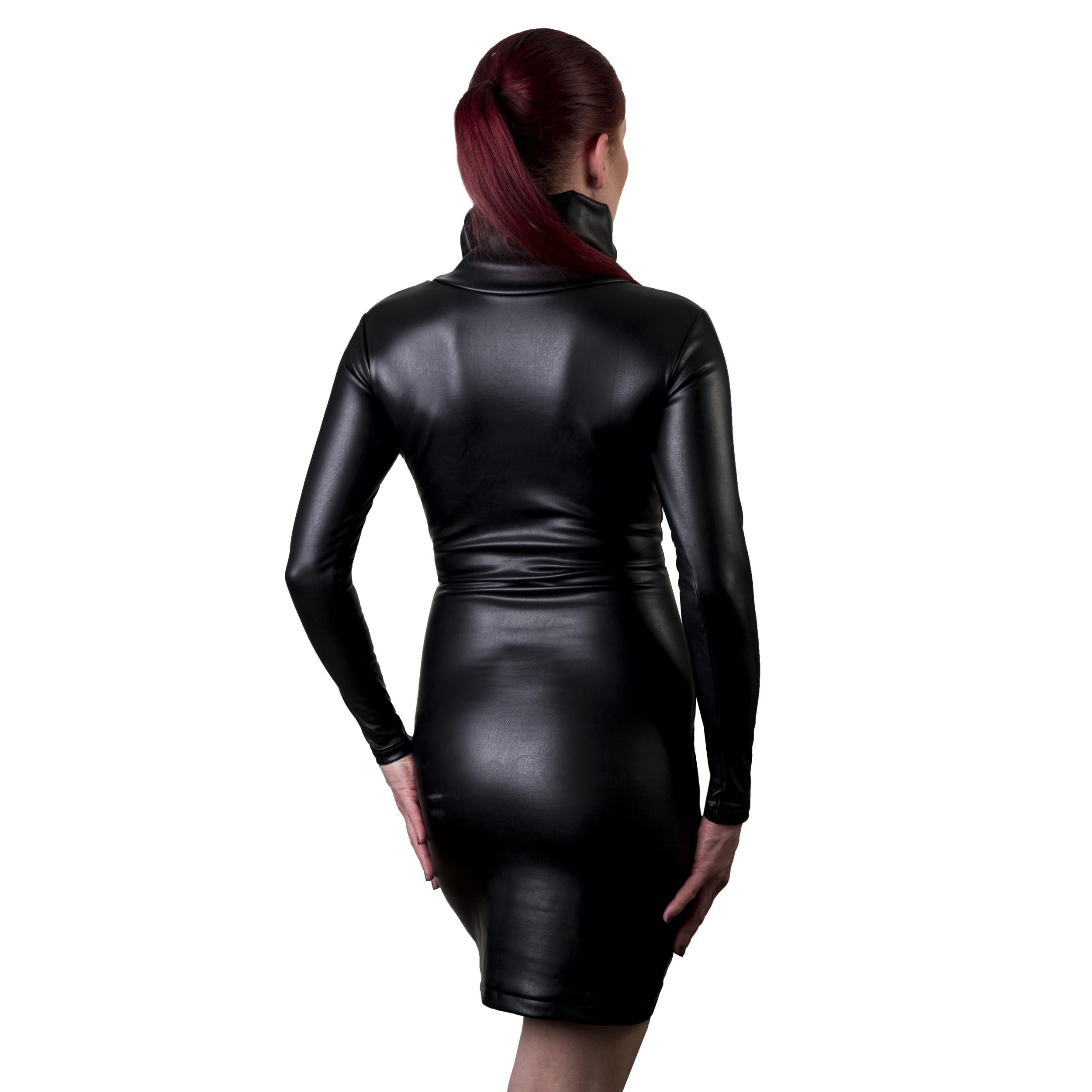 Rubberfashion Sexy Leder Minikleid lang - Langes Abend Damenkleid langarm für Damen