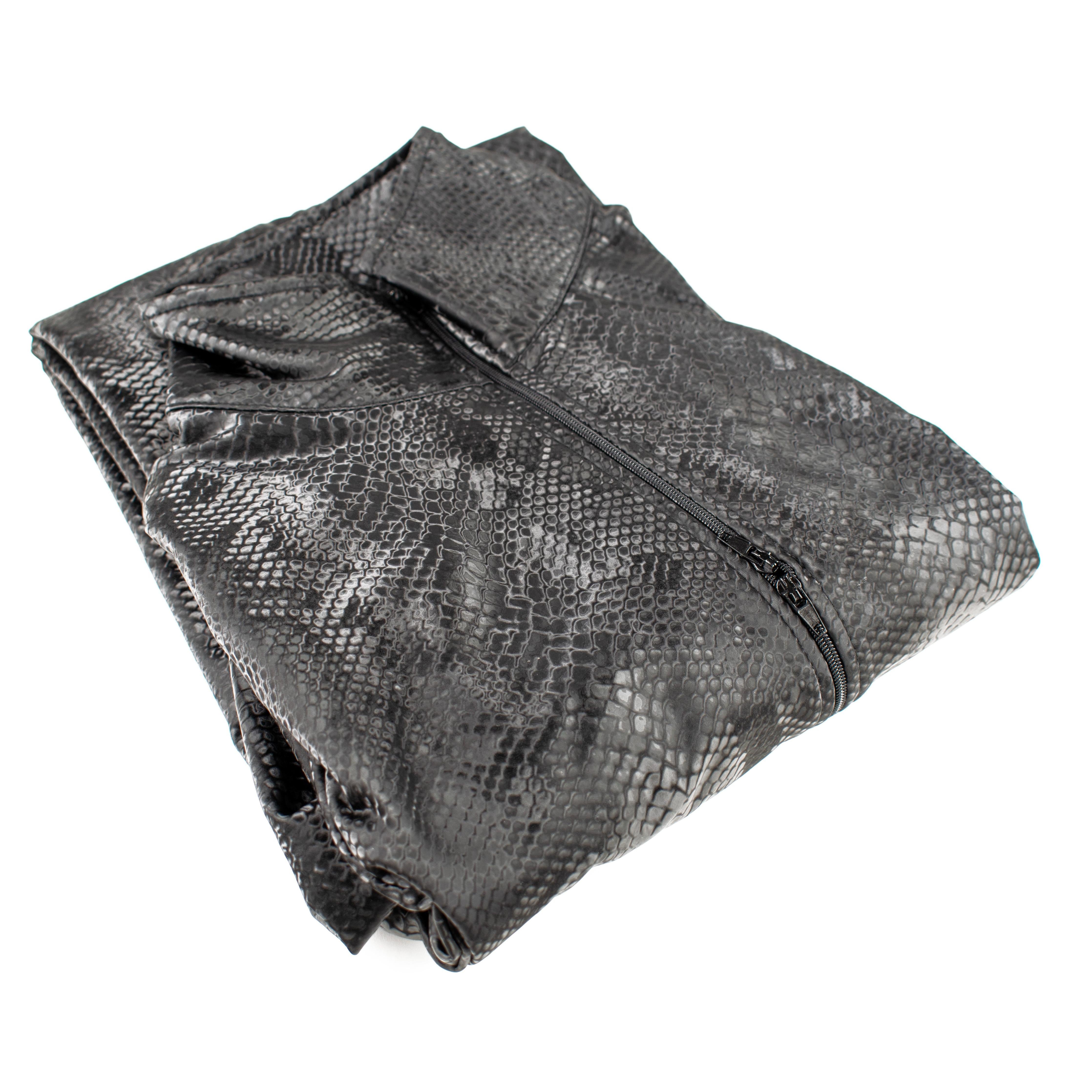 Rubberfashion Wetlook Catsuit ouvert - Schlangen Muster Anzug Jumpsuit Overall langarm mit 3 Wege Reißverschluss für Damen