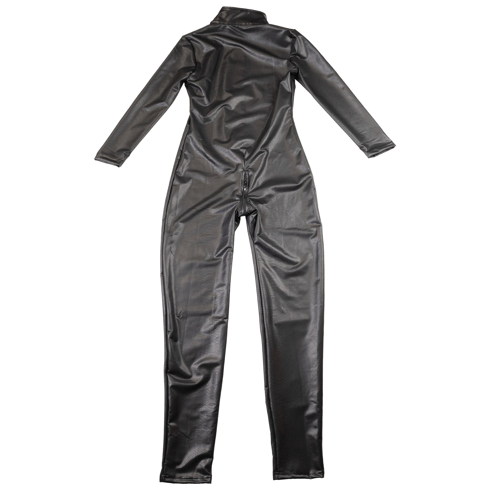 Ladies faux leather catsuit snake look with 3 way zipper through the crotch