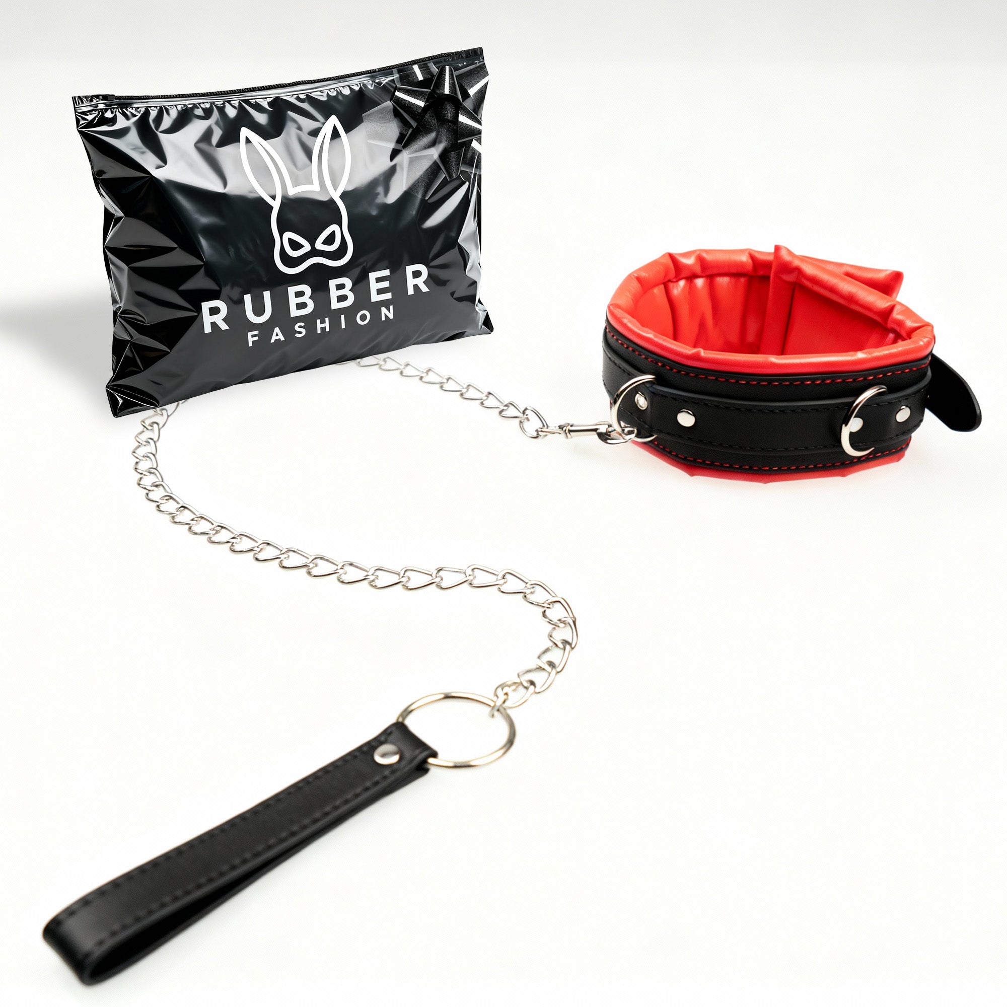 Leder Halsband mit Kette rot schwarz