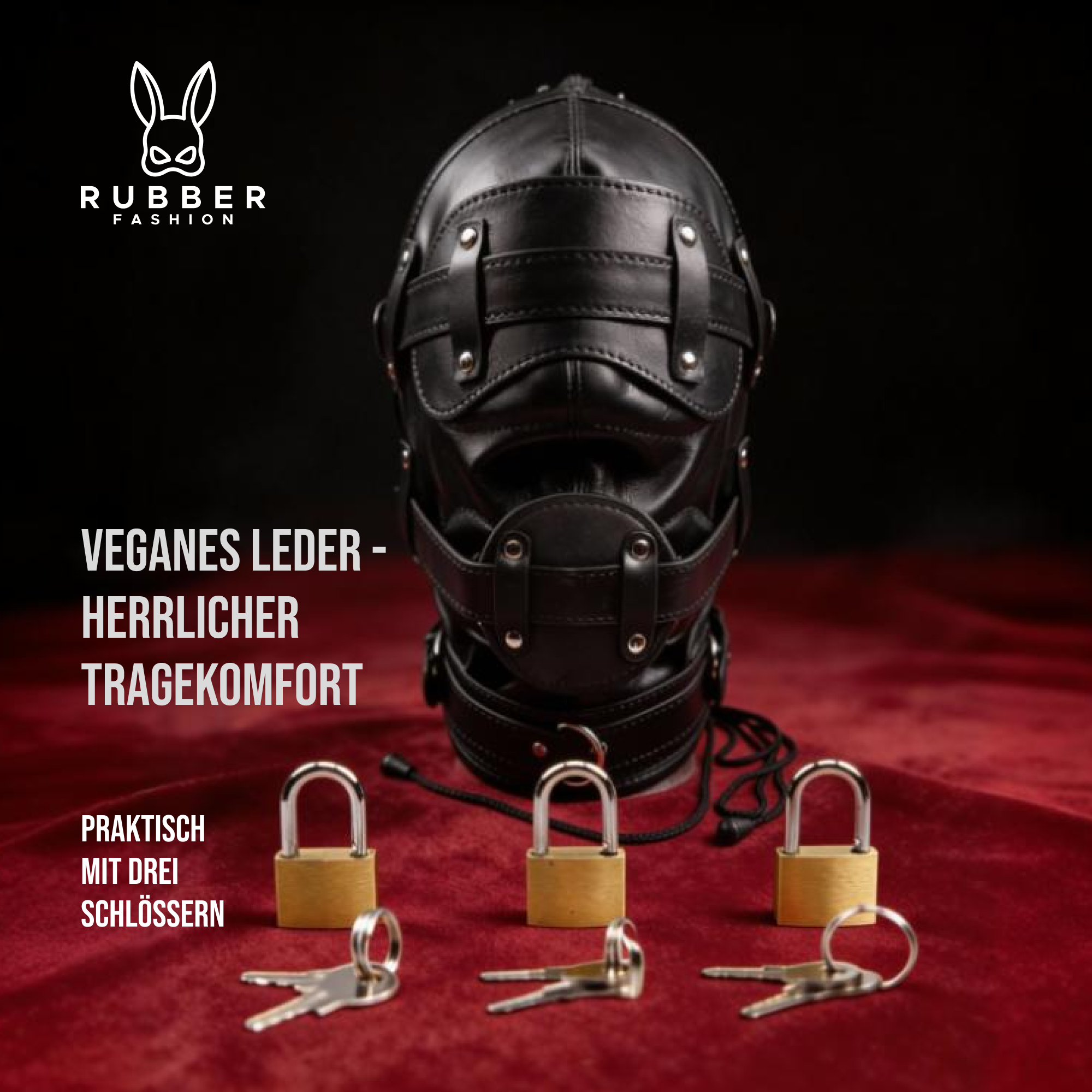 Leder BDSM Maske mit Augenbinde, 2 Dildos als Mund Knebel und 3 Schlössern