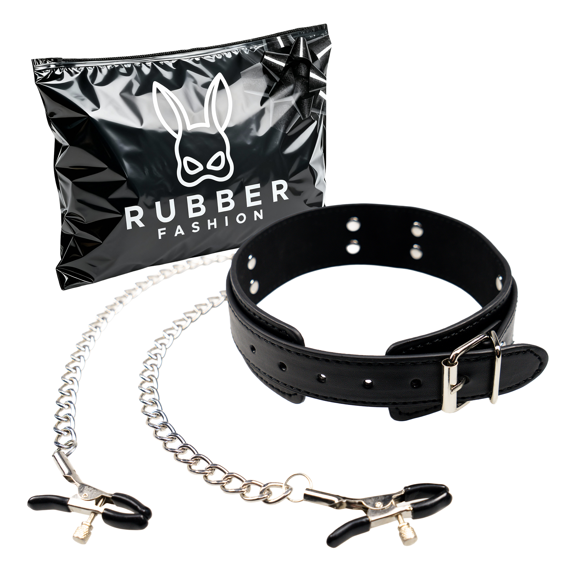 Leder Halsband mit Ring und Kette mit Nippelklemmen