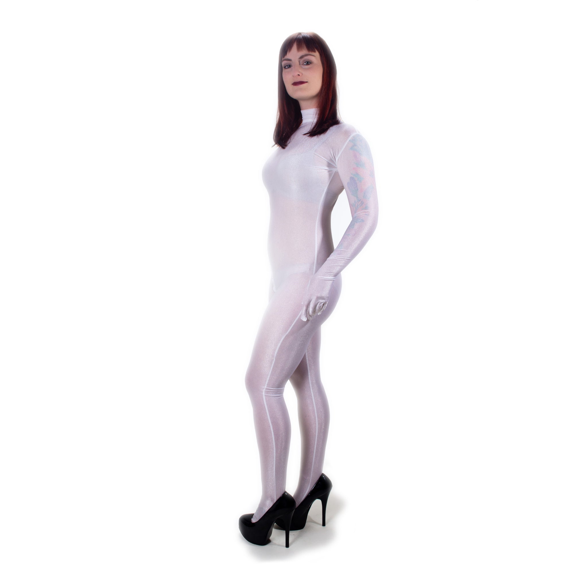 Rubberfashion Lurex Catsuit - sexy Ganzkörper Suit glänzend mit Handschuhe und Schritt Reißverschluss für Damen und Herren