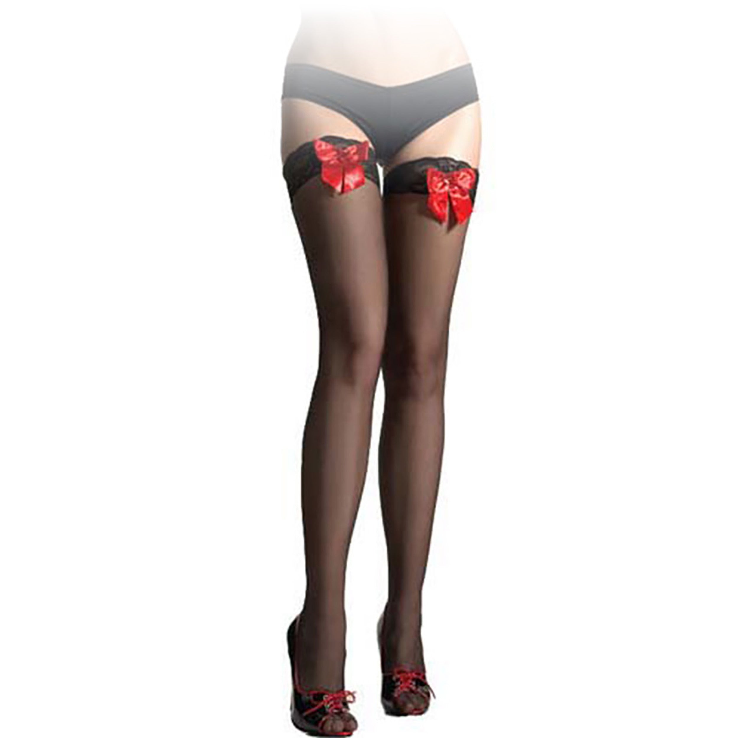 Rubberfashion Overknee Strümpfe - halterlose Strümpfe mit roter Schleife lange Overknee Strümpfe sexy Stockings Halterlos Struempfe Kniestruempfe für Frauen und Damen