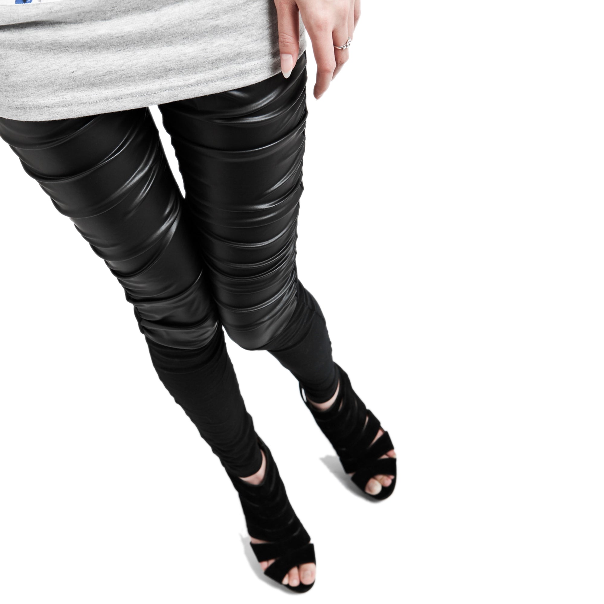 Rubberfashion Glanz Leggings Damen - sexy glänzende Leggins 80er Jahre - mit Raffung vorn und Tasche seitlich für Frauen