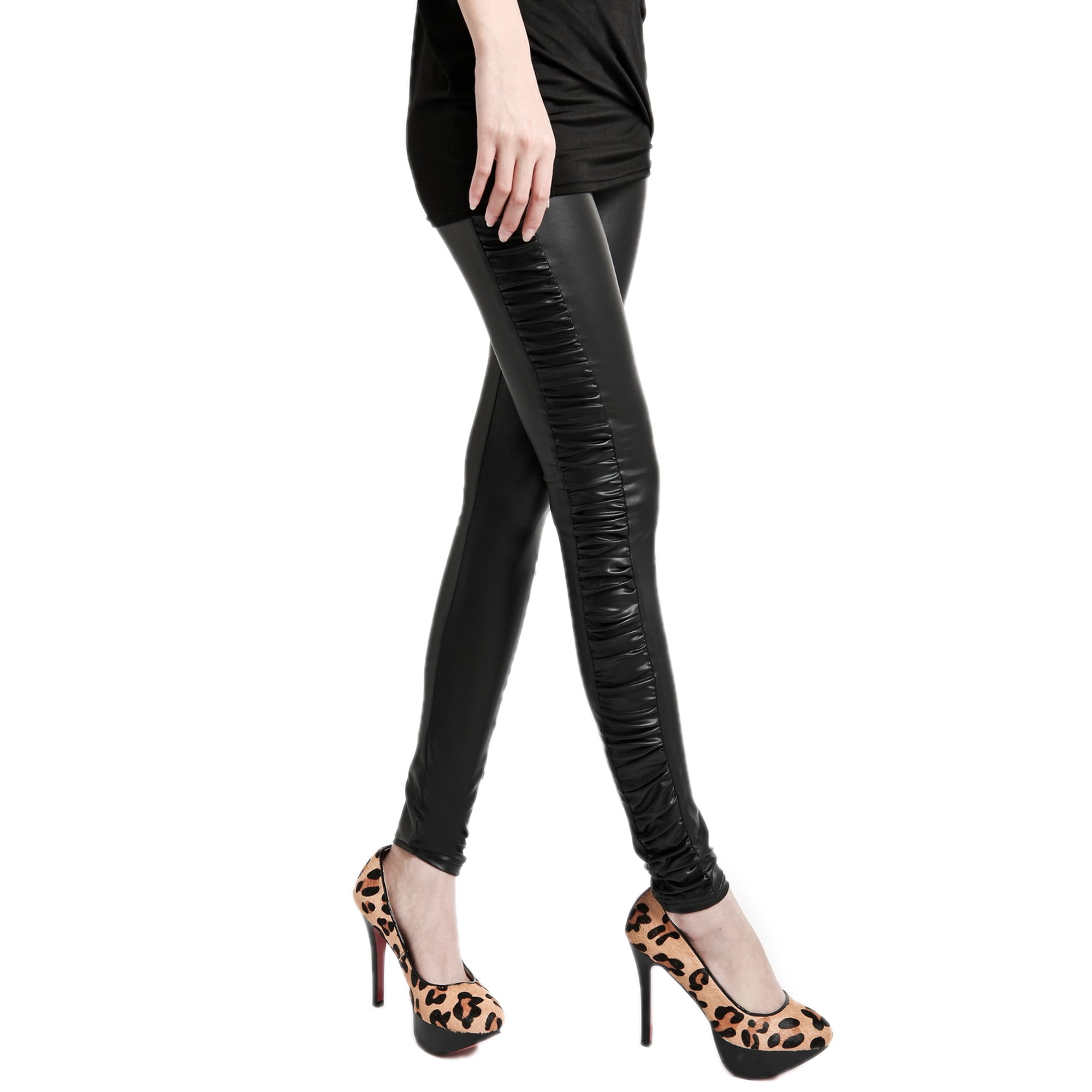 Rubberfashion Glanz Leggings Damen - sexy glänzende Leggins 80er Jahre mit Seitenraffung für Frauen