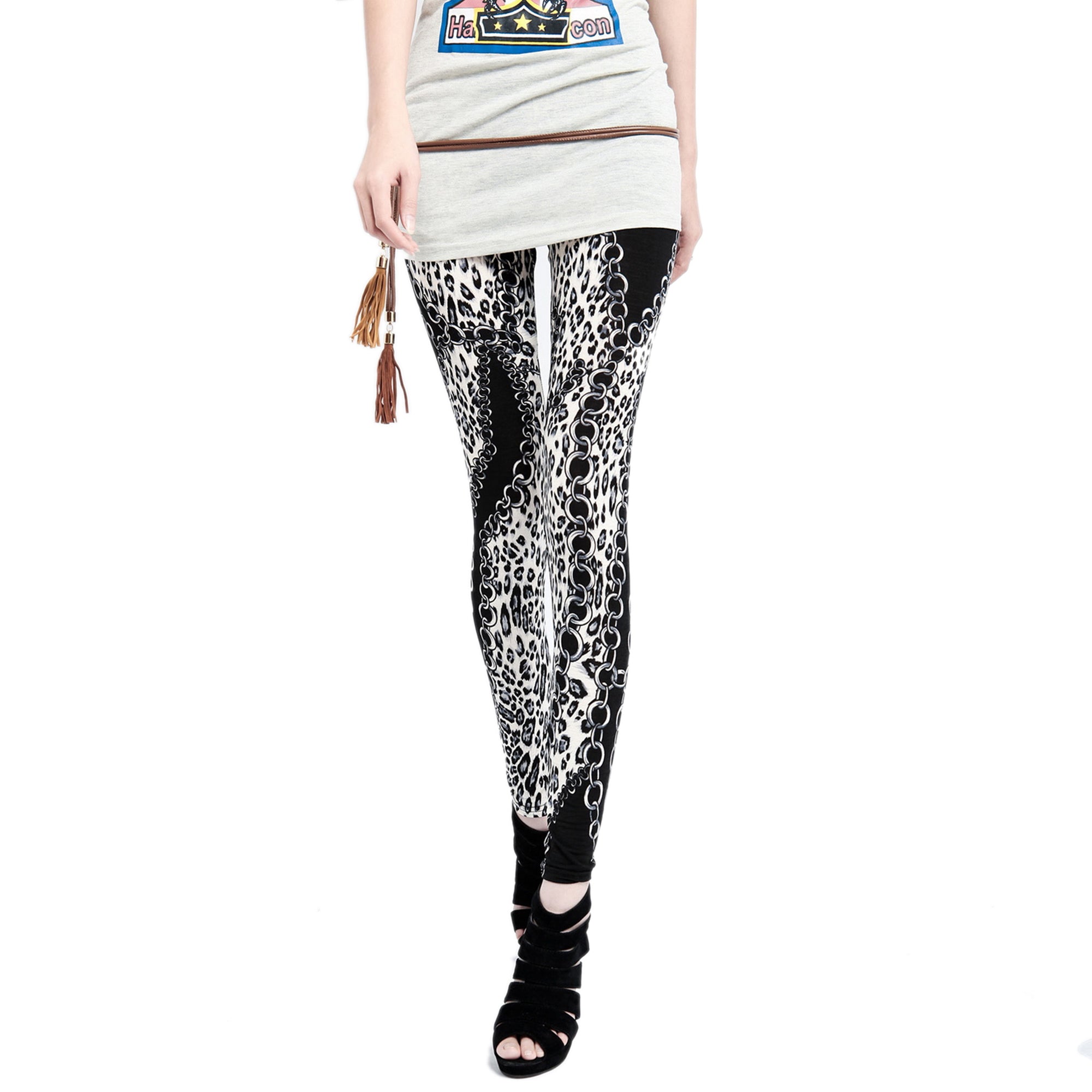 Rubberfashion Motiv Leggins Damen - sexy Leggins mit Leopard-Ketten Muster 80er Jahre für Frauen