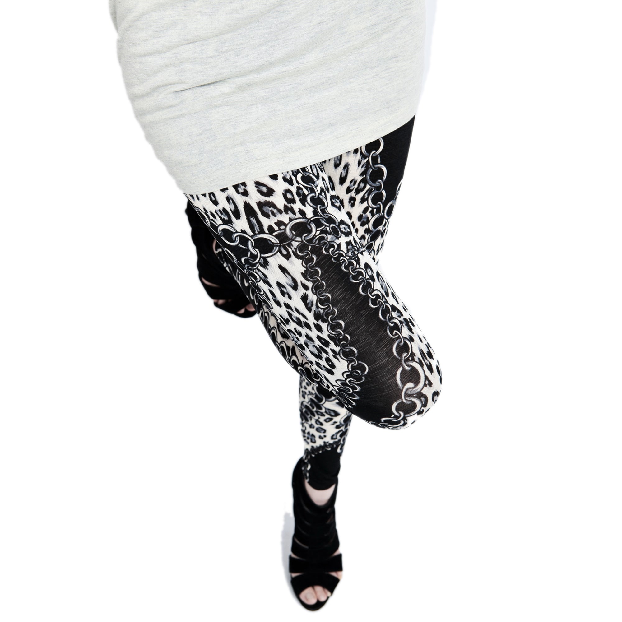 Rubberfashion Motiv Leggins Damen - sexy Leggins mit Leopard-Ketten Muster 80er Jahre für Frauen