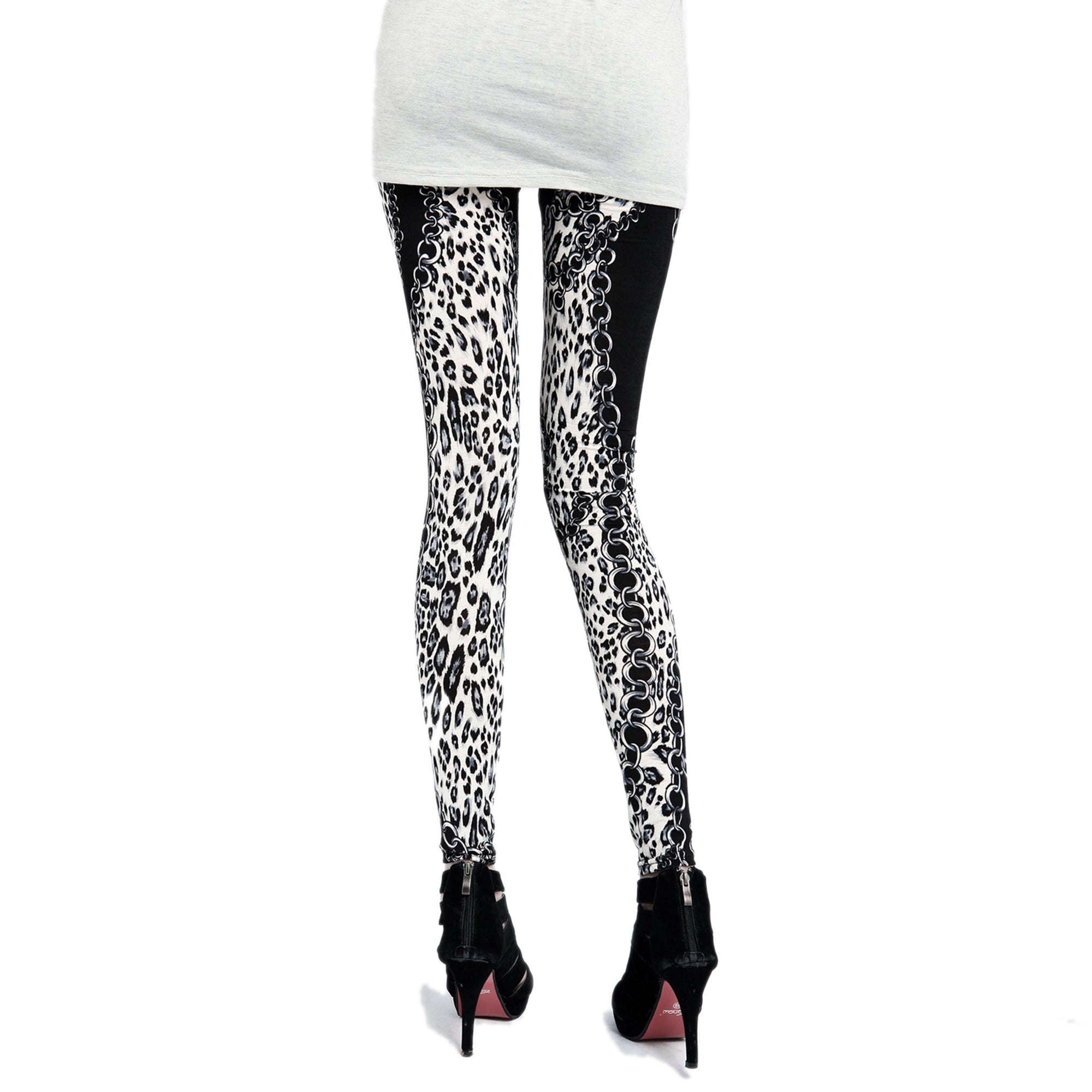 Rubberfashion Motiv Leggins Damen - sexy Leggins mit Leopard-Ketten Muster 80er Jahre für Frauen