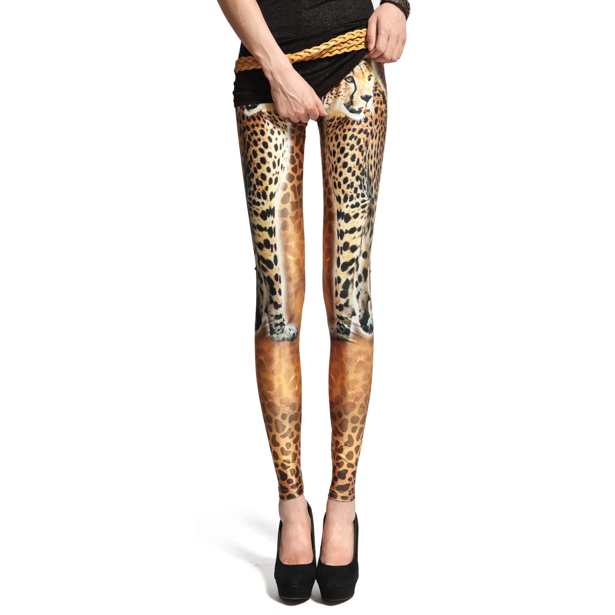 Rubberfashion Glanz Leggings Damen - sexy glänzende Leggins mit Leopard Muster 80er Jahre metallic für Frauen