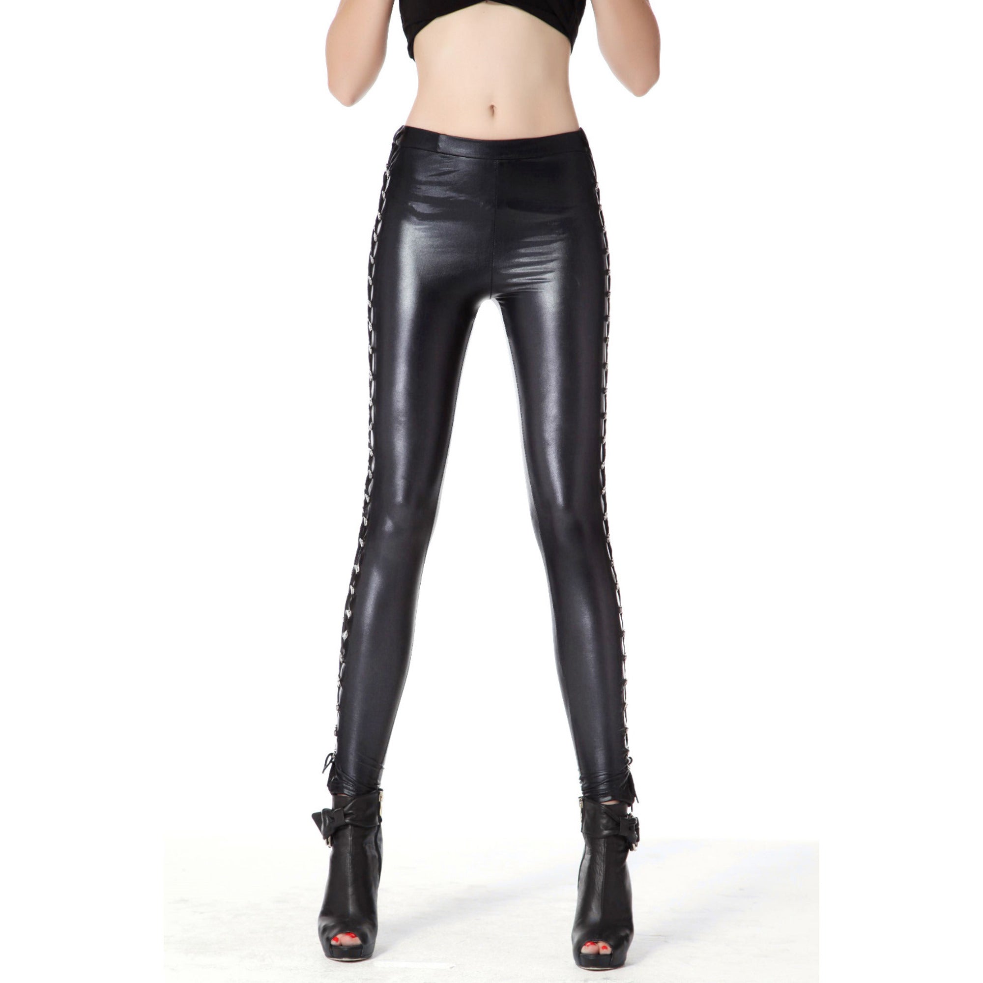 Rubberfashion Glanz Leggings Damen - metallic mit Schnürung seitlich - sexy glänzende Leggins 80er Jahre für Frauen