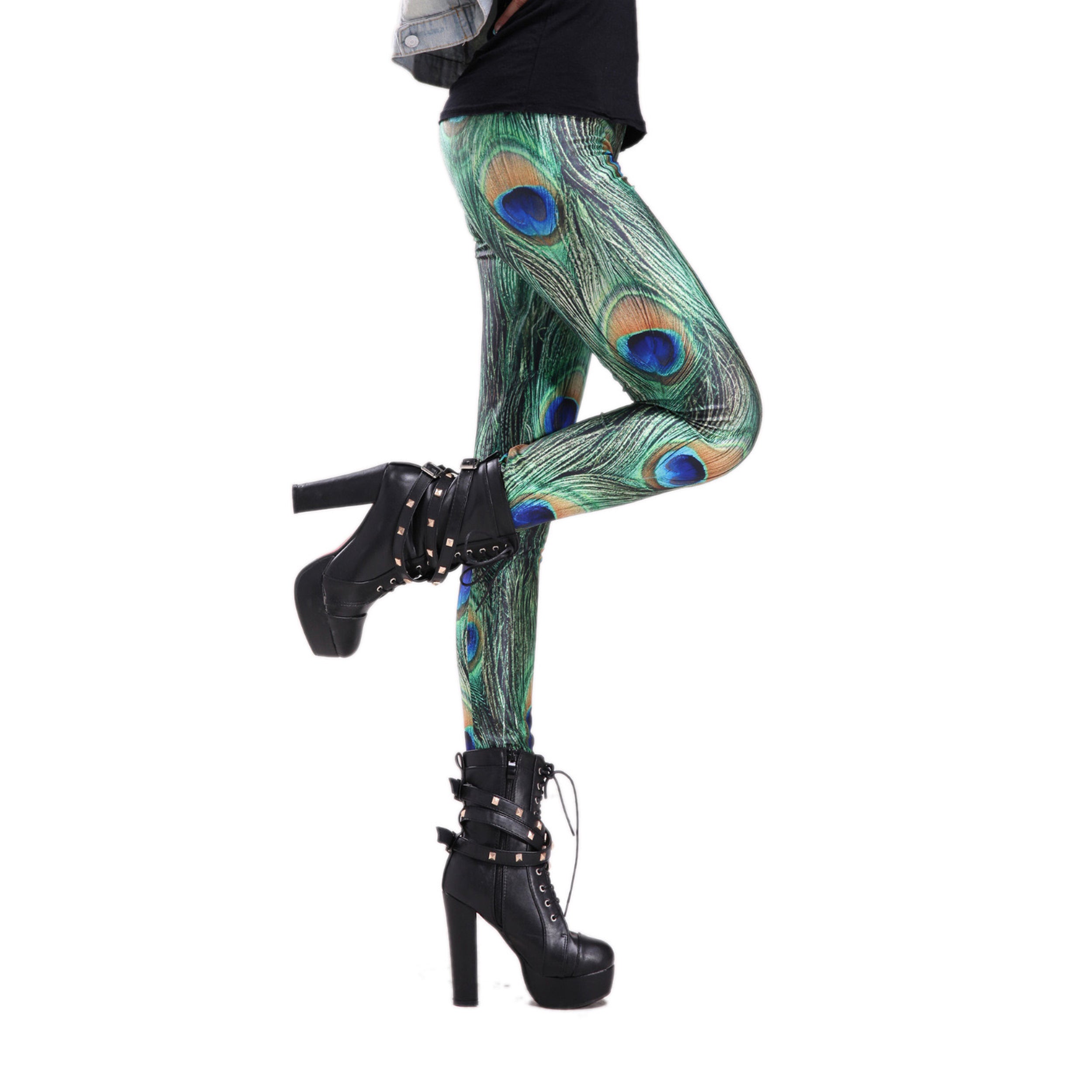 Rubberfashion Leggings Damen Pfau - Bedruckte Animal Print Leggings Muster Strumpfhose Pfauenfeder Glanz Hüft Stretch Hose mit Peacock Aufdruck Pfauenmuster Legging für Frauen