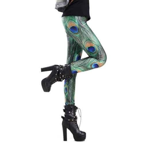 Rubberfashion Leggings Damen Pfau - Bedruckte Animal Print Leggings Muster Strumpfhose Pfauenfeder Glanz Hüft Stretch Hose mit Peacock Aufdruck Pfauenmuster Legging für Frauen
