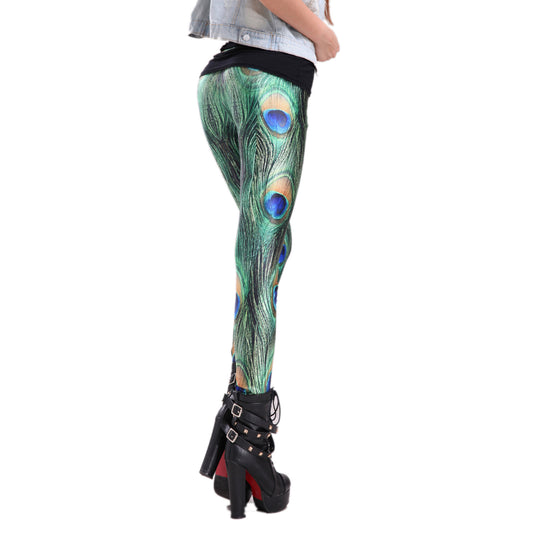 Rubberfashion Leggings Damen Pfau - Bedruckte Animal Print Leggings Muster Strumpfhose Pfauenfeder Glanz Hüft Stretch Hose mit Peacock Aufdruck Pfauenmuster Legging für Frauen