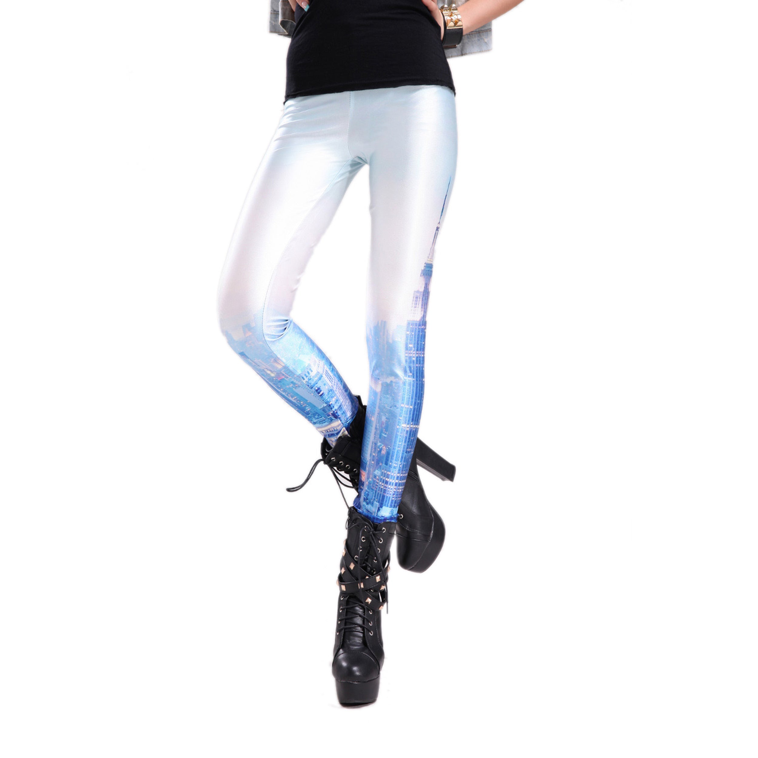 Rubberfashion Leggings Skyline - glänzende Leggin mit Skylinemotiv bis zur Hüfte für Frauen