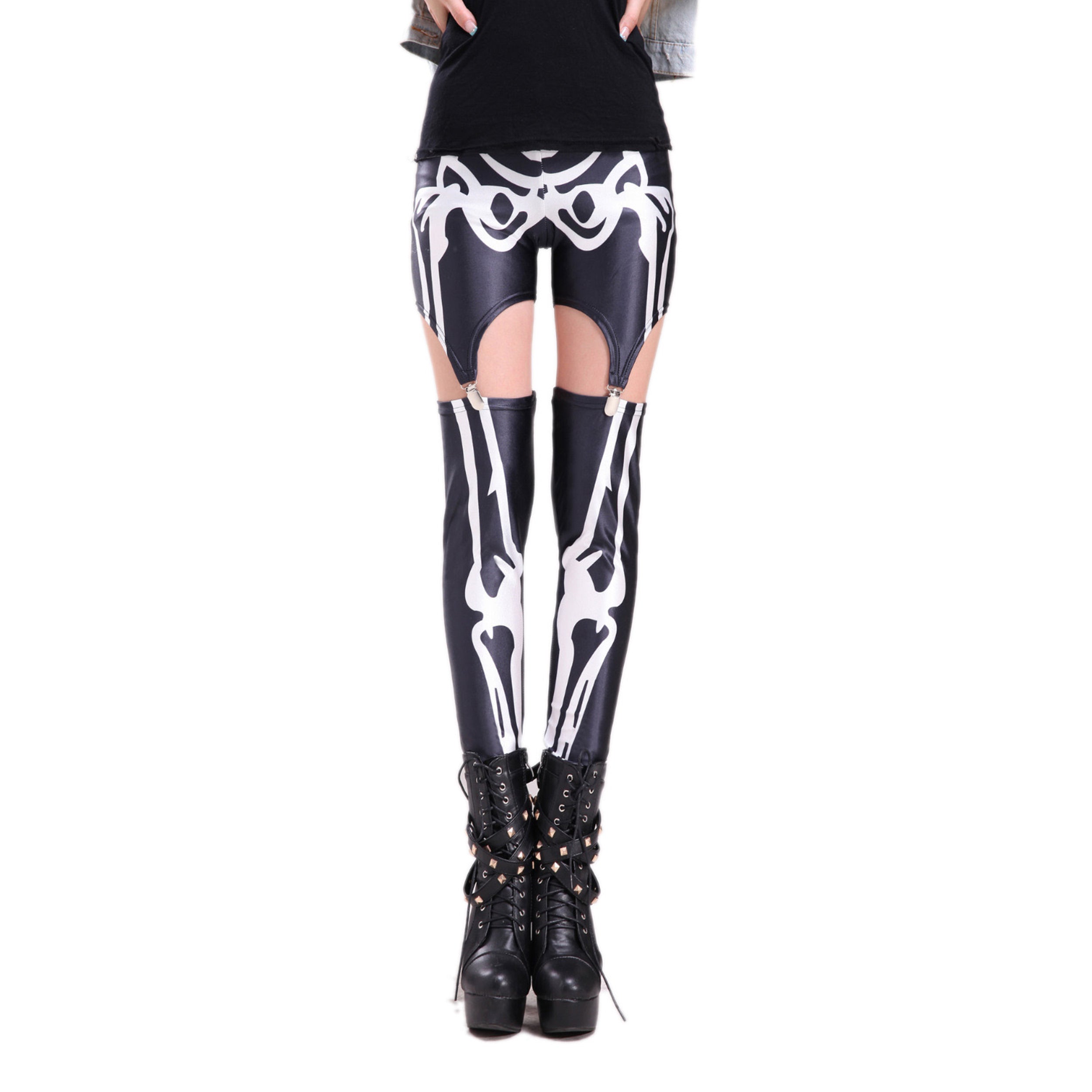 Rubberfashion Straps Leggings Skelett - glänzende Strapse Leggin mit Skelettmotiv bis zur Hüfte für Frauen