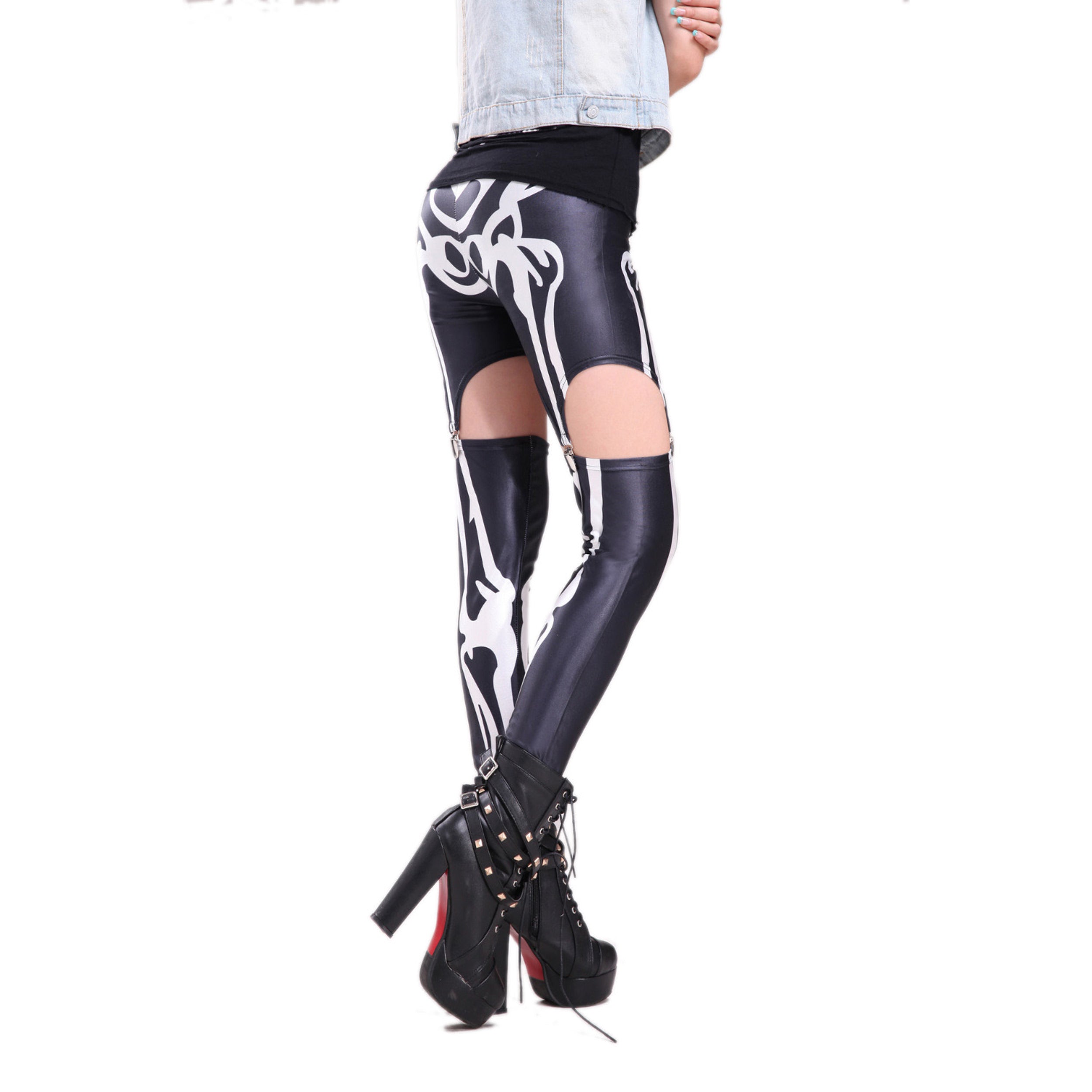 Rubberfashion Straps Leggings Skelett - glänzende Strapse Leggin mit Skelettmotiv bis zur Hüfte für Frauen