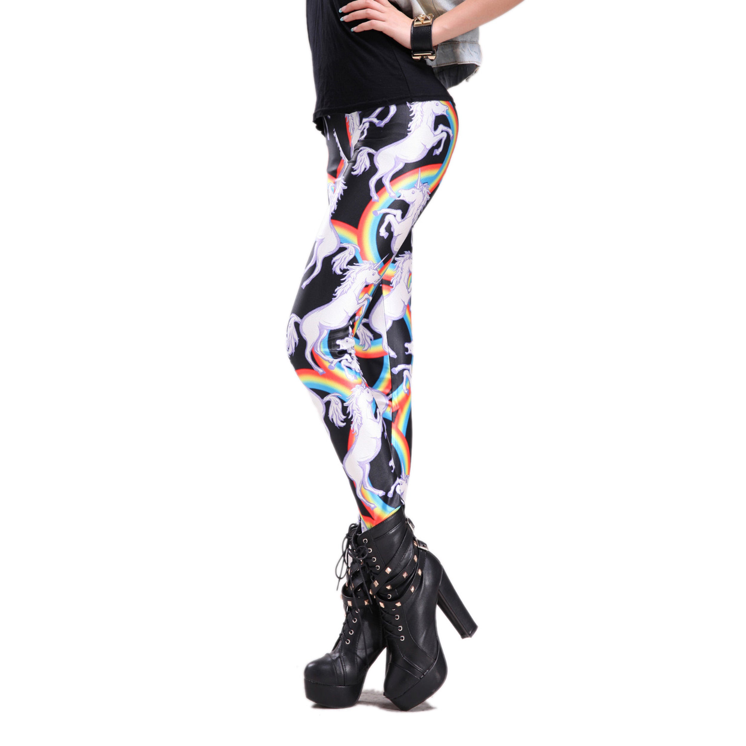 Rubberfashion Leggings Einhorn - glänzende Leggin mit Einhorn-Motiv bis zur Hüfte für Frauen