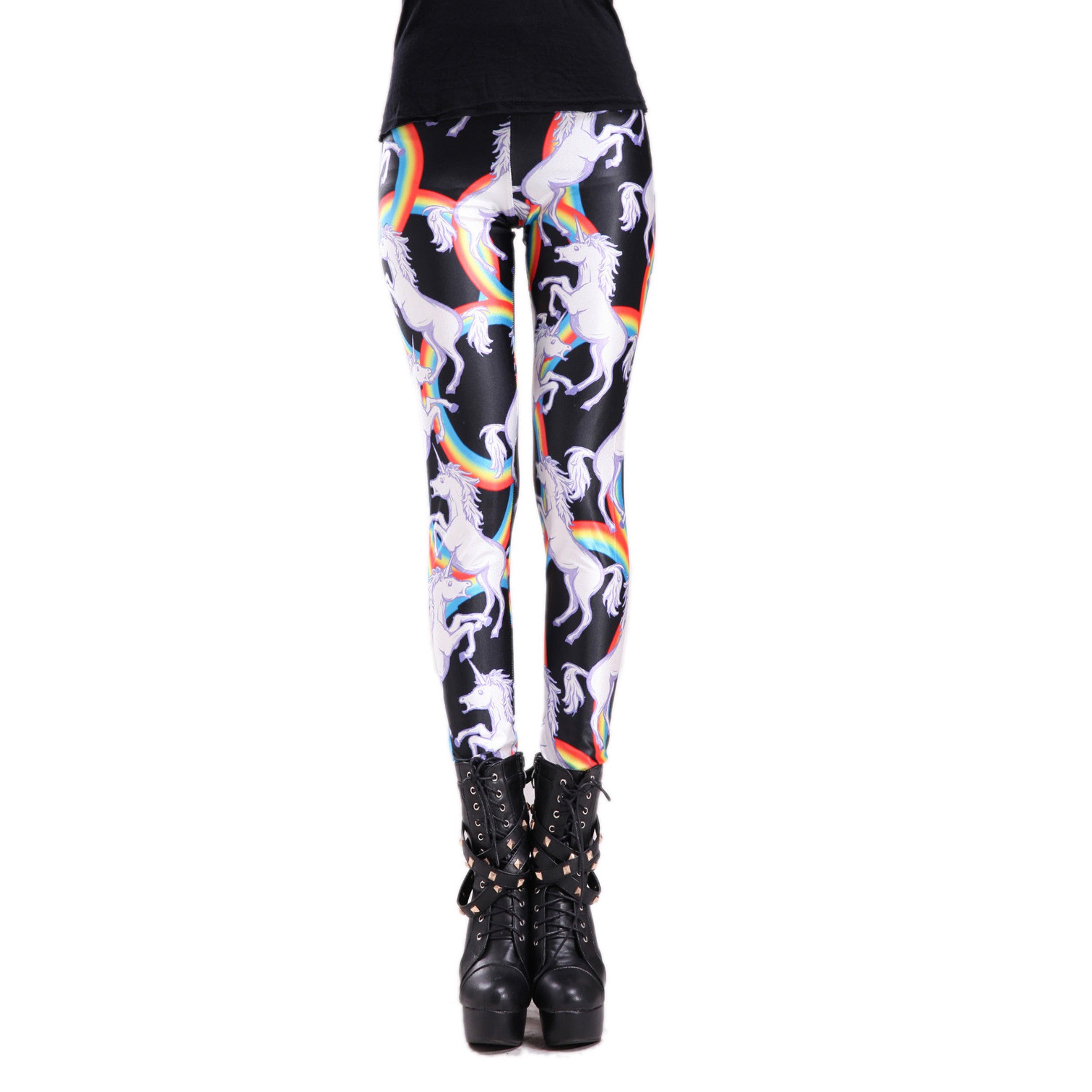 Rubberfashion Leggings Einhorn - glänzende Leggin mit Einhorn-Motiv bis zur Hüfte für Frauen