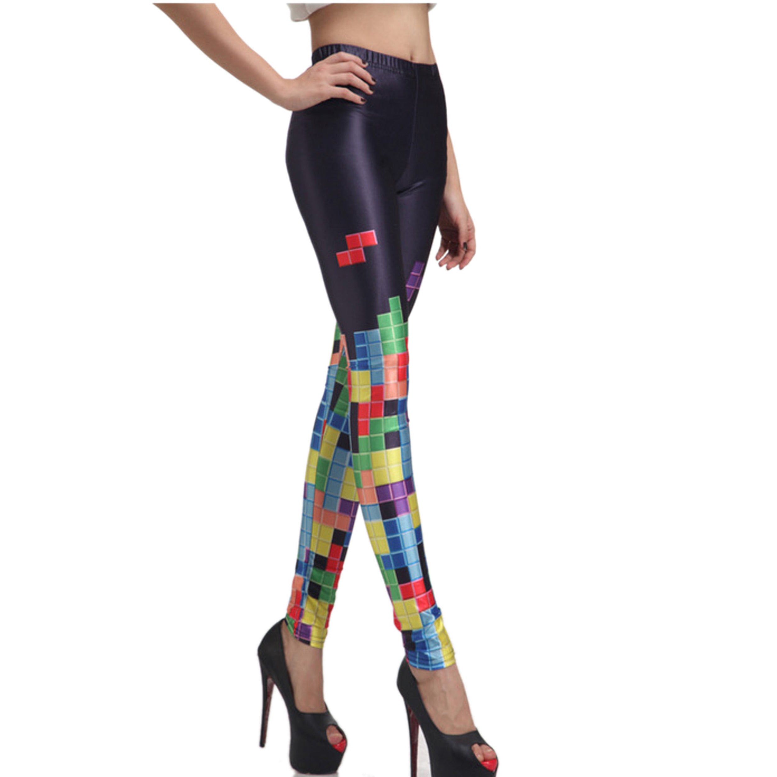 Rubberfashion Leggings Damen Tetris - Sexy Bedruckte Print Leggins Muster Strumpfhose Bunte Glanz Hüft Stretch Hose mit Aufdruck Legging für Frauen