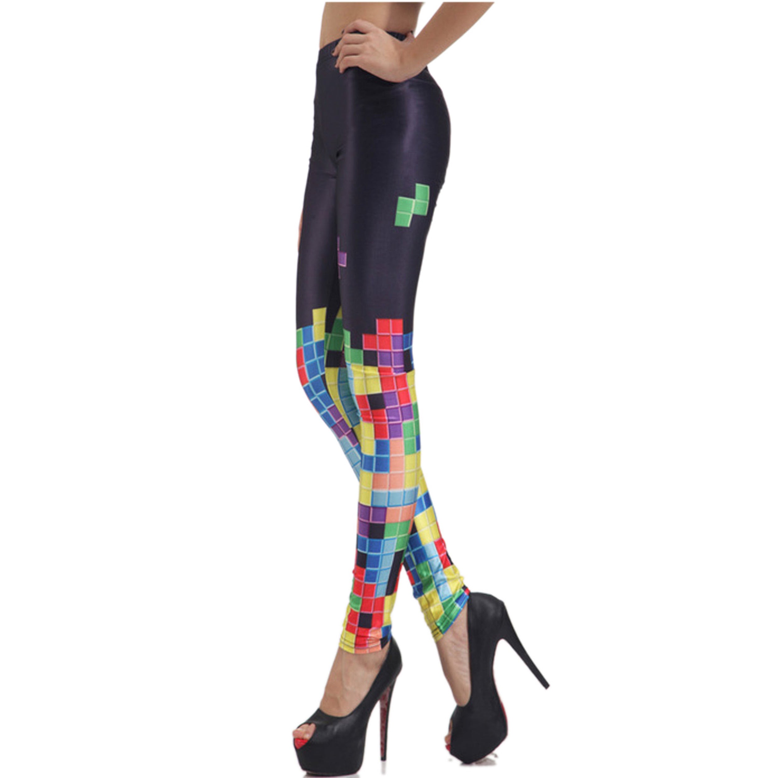 Rubberfashion Leggings Damen Tetris - Sexy Bedruckte Print Leggins Muster Strumpfhose Bunte Glanz Hüft Stretch Hose mit Aufdruck Legging für Frauen
