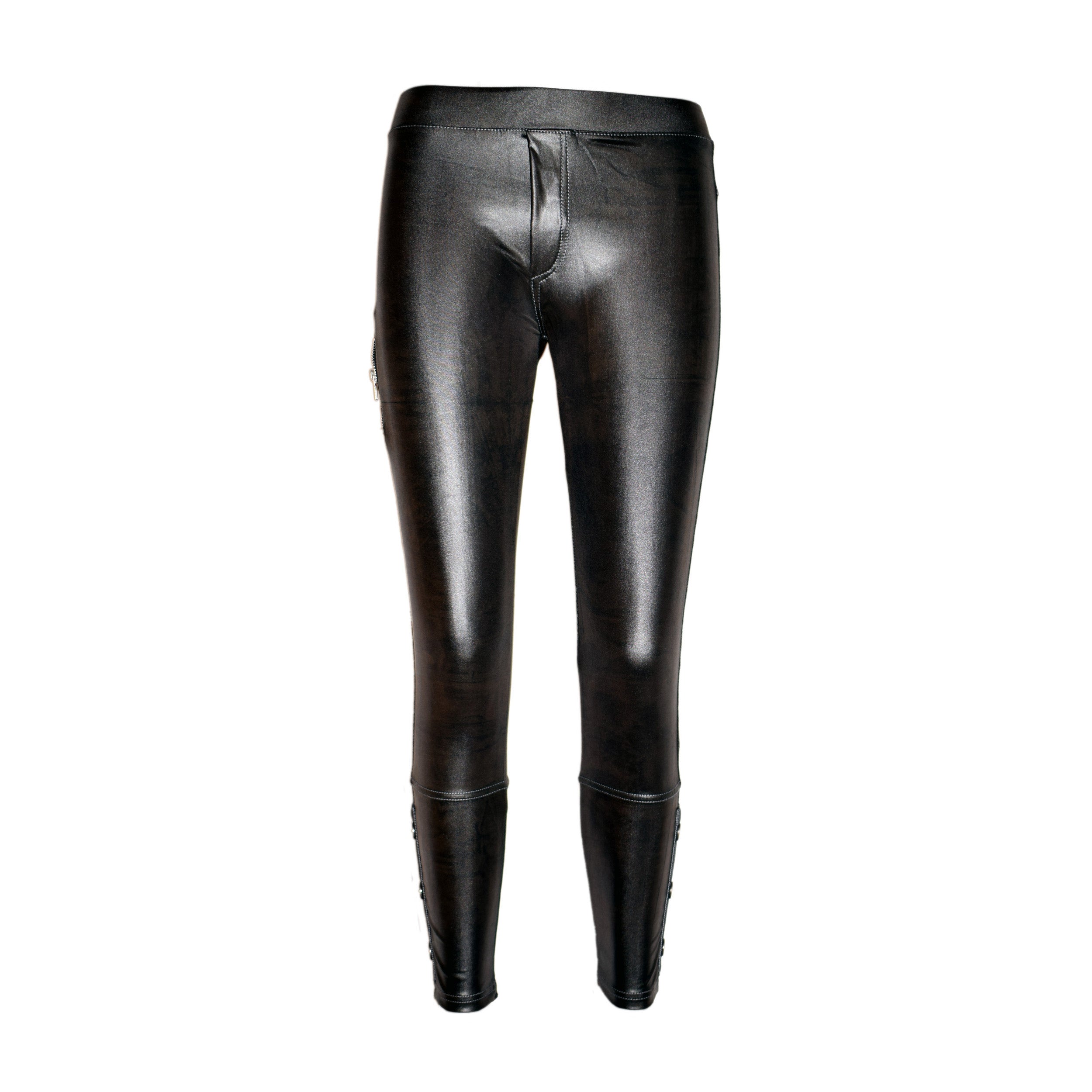 Rubberfashion Glanz Leggings - glänzende Leggin mit Po Taschen und Verzierungen bis zur Hüfte für Frauen