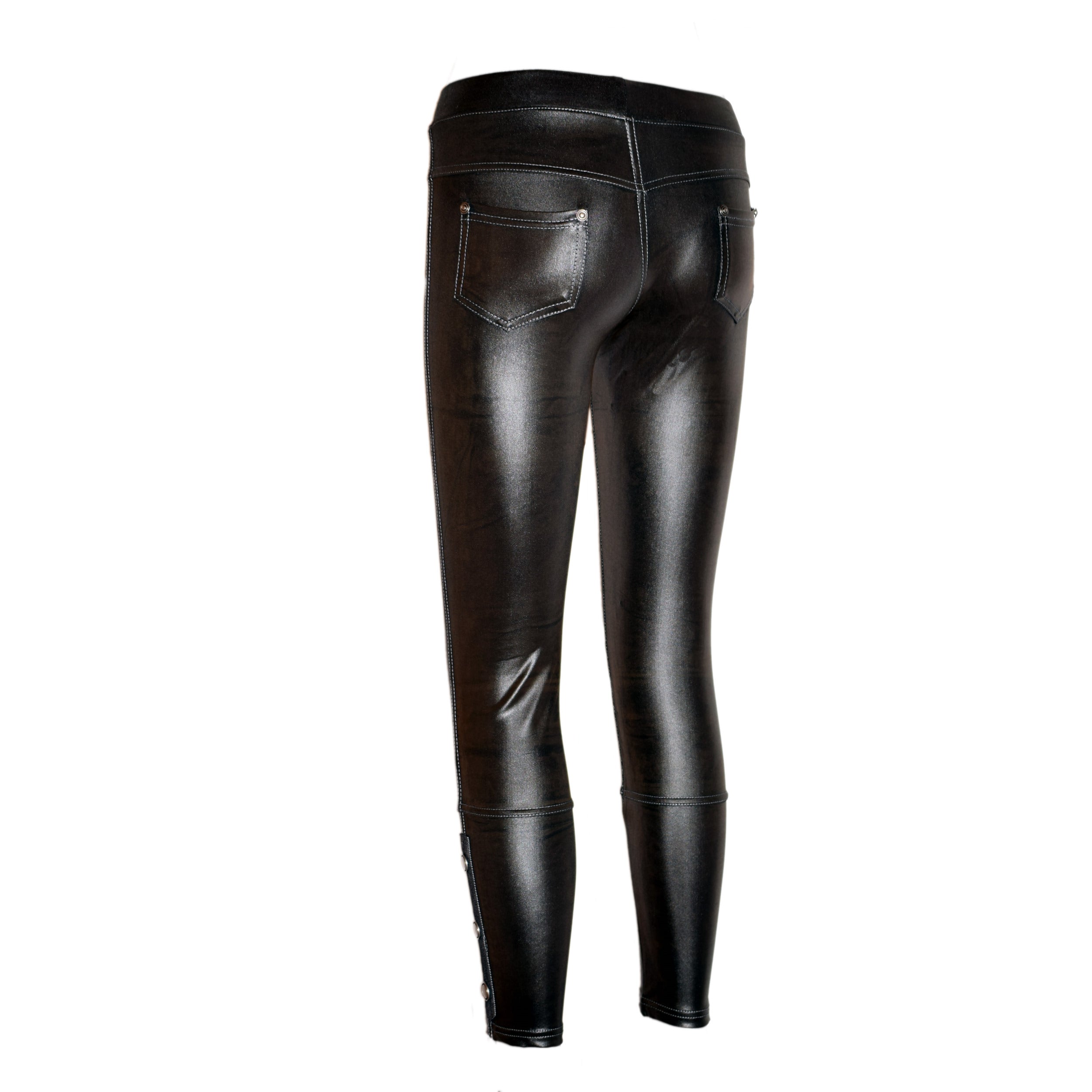 Rubberfashion Glanz Leggings - glänzende Leggin mit Po Taschen und Verzierungen bis zur Hüfte für Frauen