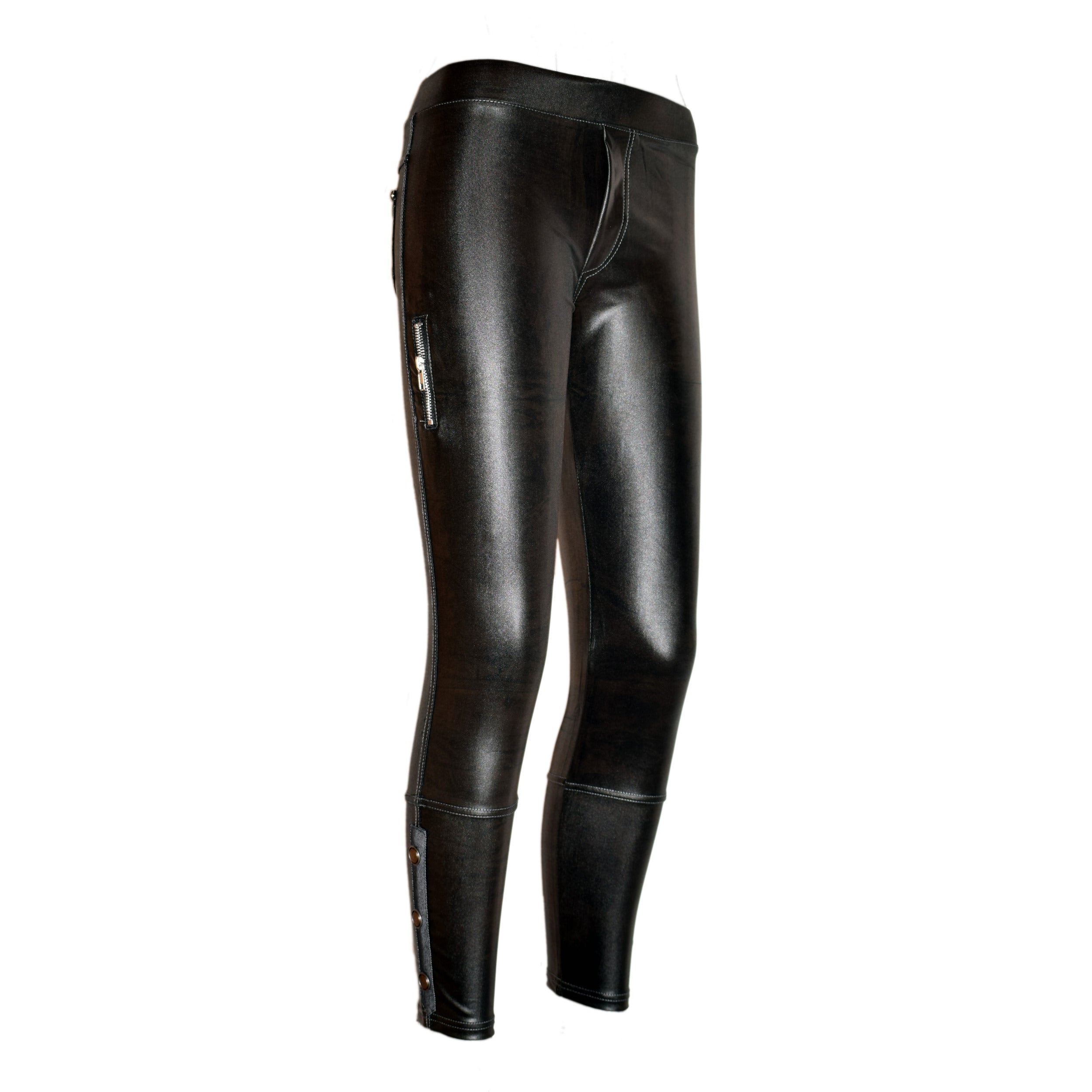 Rubberfashion Glanz Leggings - glänzende Leggin mit Po Taschen und Verzierungen bis zur Hüfte für Frauen